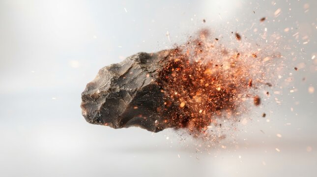 Meteorite stone with burning debris and sparks