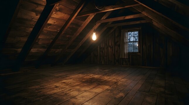 A dimly lit rustic attic room with wooden beams and a single glowing light bulb hanging down