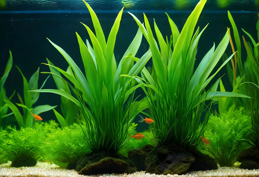 Lush green aquatic plants and small orange fish in a freshwater aquarium, natural underwater ecosystem and pet care hobby