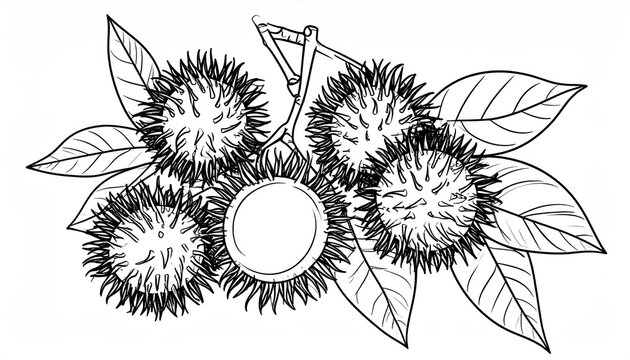 Cluster of rambutan fruits with leaves sketch illustration.
