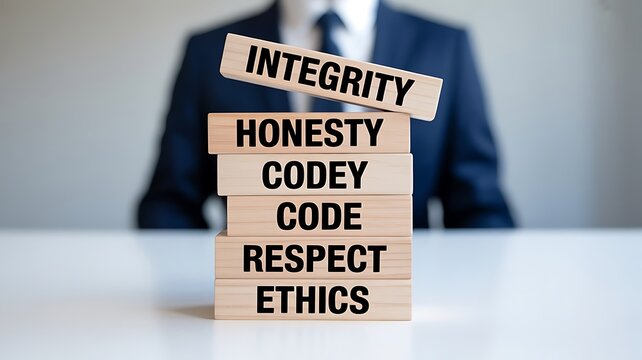 Stack of wooden blocks with business ethics values like integrity, honesty, and respect, displayed by a in a corporate environment