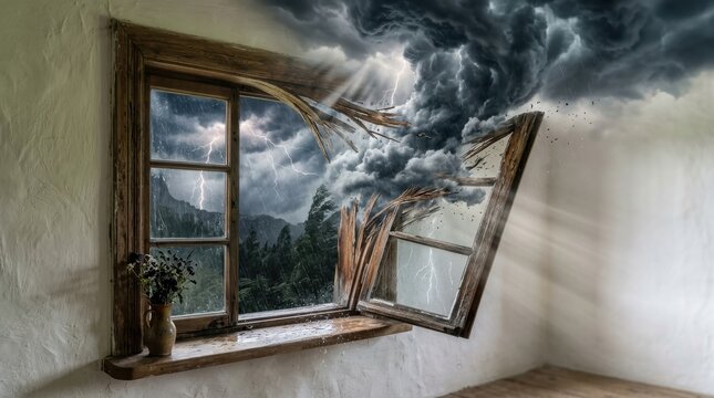 Stormy weather and lightning breaking through a wooden window