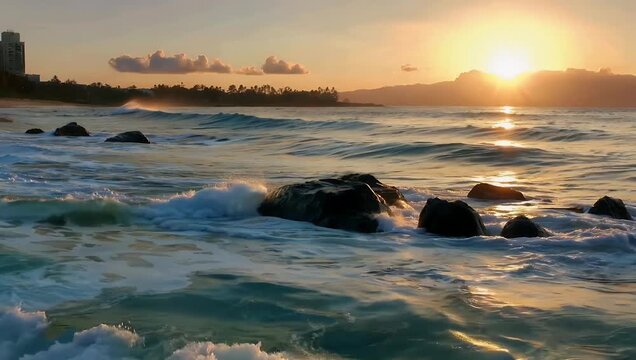 cinematic 4K low-angle slow-motion stock video captures the North Sea s rolling waves as they are dramatically backlit by sunlight during a vibrant sunset near Husum making it perfect for coastal