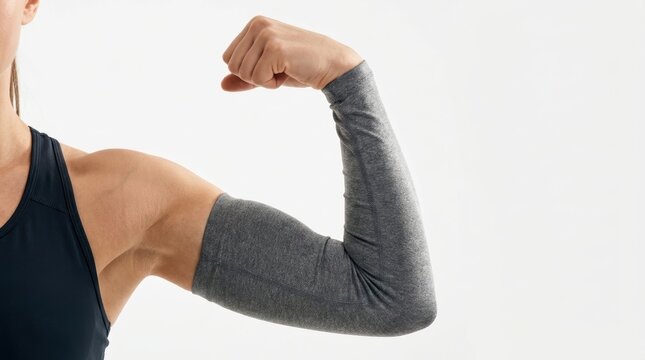 A person flexes their bicep while wearing a gray arm sleeve and a dark blue athletic top