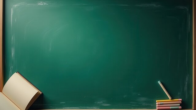 vintage green chalkboard flat lay with colored chalk book open perfect for educational branding marketing materials academia background