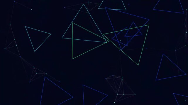 A high-tech digital background features rotating neon blue and green triangles with glowing connecting lines on a dark field.