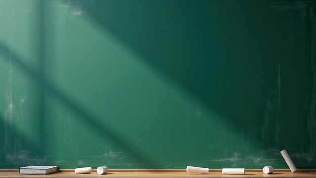 empty textured green chalkboard surface with scattered white chalk inviting education and back to school learning backdrop for advertisement