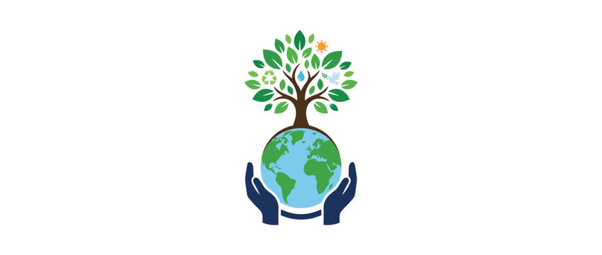Tree of life growing from planet earth held by hands, eco concept
