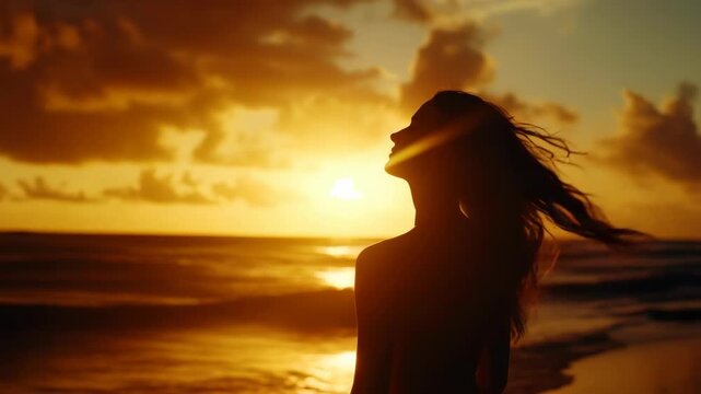 Silhouette of a woman at sunset by ocean shore. Golden sun dips below distant horizon. Warm light reflects on rippling sea surface. Soft clouds glow behind her dark form. Wind gently lifts her loose