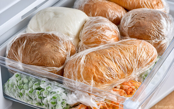 A loaf of wheat bread and other frozen food on a shelf of a home freezer, big procurement and food storage in reserve. Frozen bread.