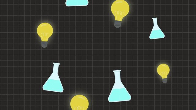 lab breakthrough achievement animation with chemical flask and light bulb fall down