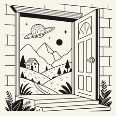 Open doorway revealing a fantasy mountain landscape and saturn sky with landscape, mountains © Aaaa