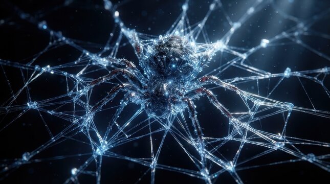 Glowing digital spider on a cybernetic web