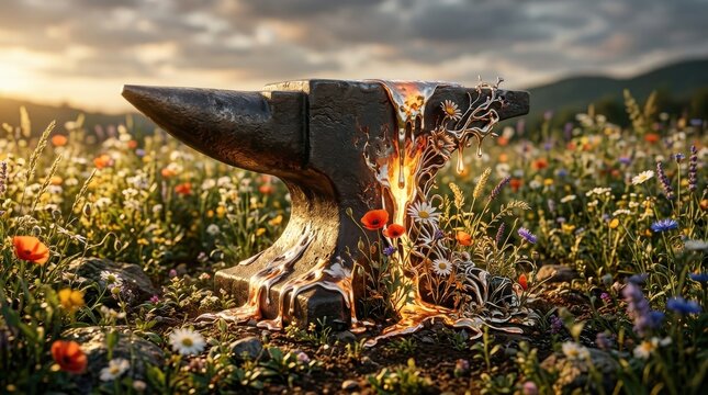 Blacksmith anvil with melting gold and flowers in a wildflower meadow