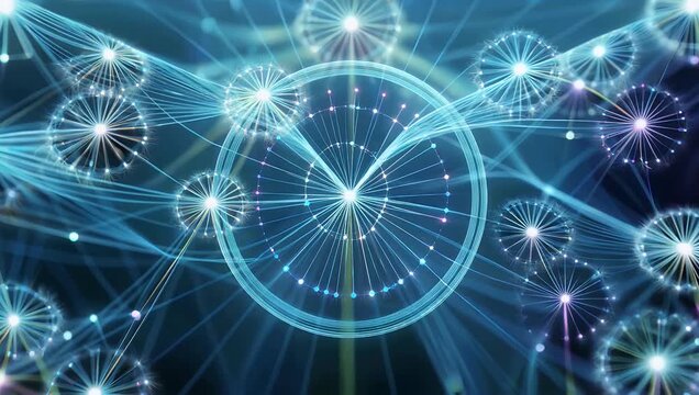 abstract 4K seamless loop features a smooth flowing technological surface resembling a dandelion plexus style characterized by numerous interconnected lines and glowing dots in continuous motion