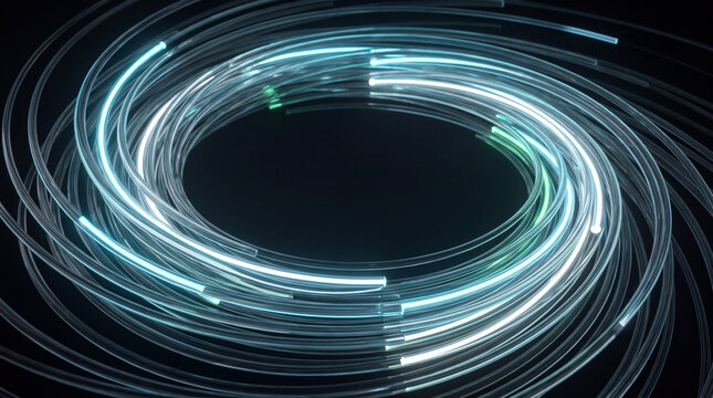 Swirling 3D glass rings coiled into a circular pattern