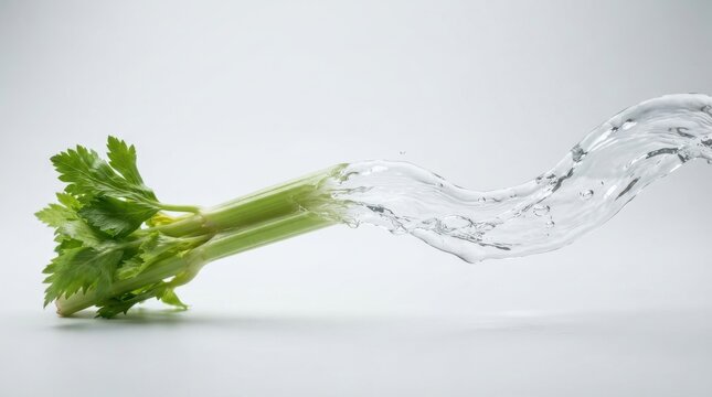 Fresh celery stalk with splashing water stream