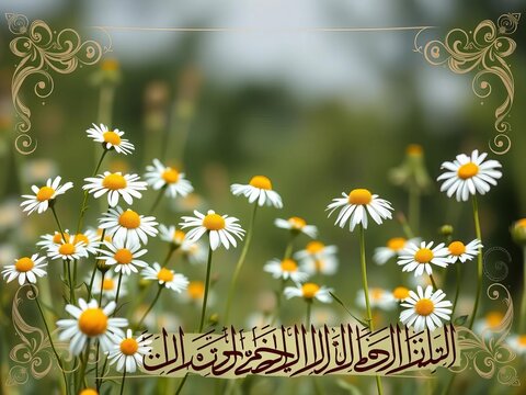 Wild chamomile flowers dance across a delicate border, adorned with intricate calligraphy, elegant, whimsical