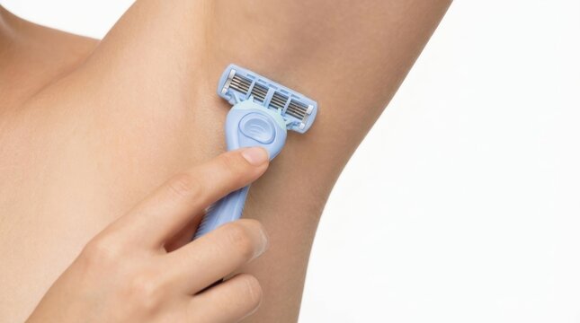 Person shaving underarm with a light blue razor for smooth skin women health female health
