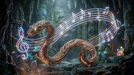 Obraz premium Metallic ornamental snake with holographic musical notes in mystical cave