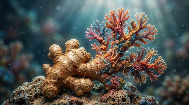 Ginger root fusion with colorful coral reef marine life underwater