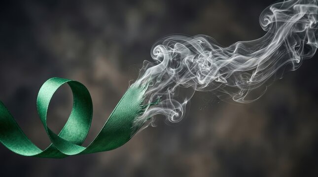 Green ribbon dissolving into swirling white smoke