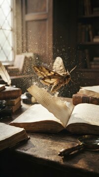 Moth flying over old open book in vintage library study