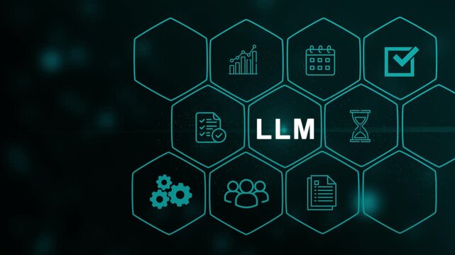 LLM Large Language Model and AI technology concept. Person working with LLM interface icons, artificial intelligence, deep learning, machine learning.4k vedio