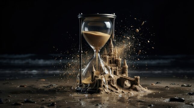 Sandcastle melting inside an hourglass on a beach