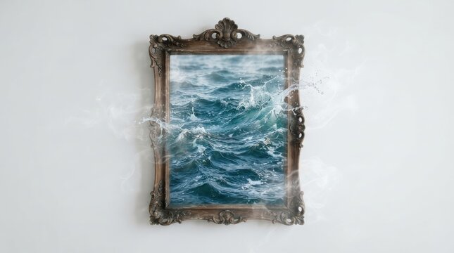 Vintage ornate picture frame displaying stormy ocean waves with ethereal smoke