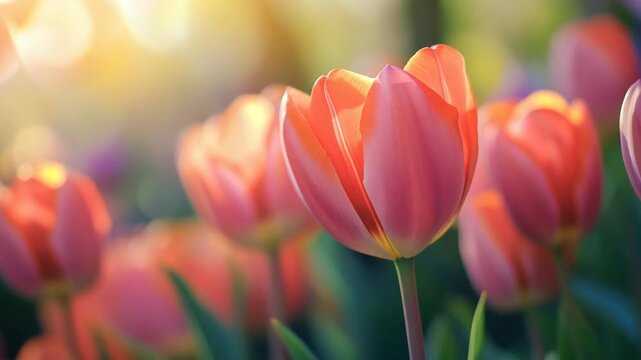 Close-up view of a lush garden filled with red and pink tulips in full bloom against the backdrop of the sun.