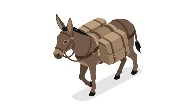 Donkey vector carrying heavy luggage packs in isometric view
