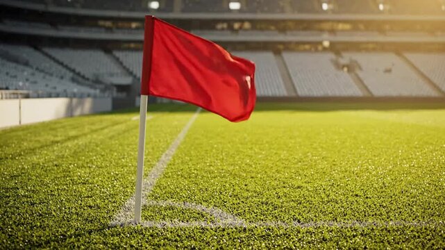 Red corner flag waving in the breeze on a professional soccer field