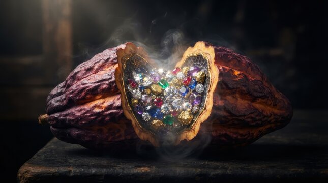 Cacao pod filled with sparkling colorful gemstones