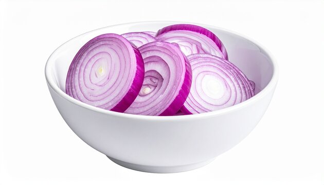 Realistic sliced red onions in a white bowl, isolated background.