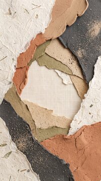 Abstract background featuring layered torn pieces of handmade recycled paper in earthy tones.