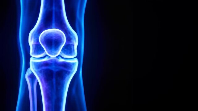 Digital X-ray visualization of human knee joint. Orthopedic anatomy, injury diagnosis and joint health, copy space for text