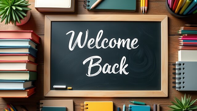 overhead flat lay stationery arrangement on rustic wood with welcome back chalkboard sign bright natural light for school back to office promotion template