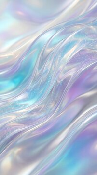 Abstract background with flowing iridescent liquid waves and soft holographic light reflections.