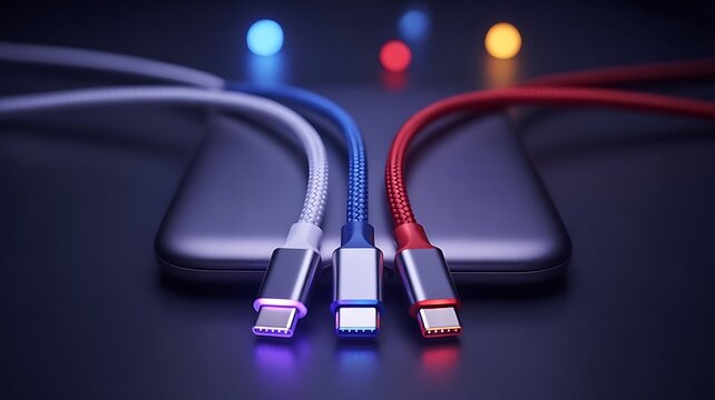 Three usb type c charging cables in white blue and red colors connected to a smartphone on a dark background, with colorful bokeh, light spots