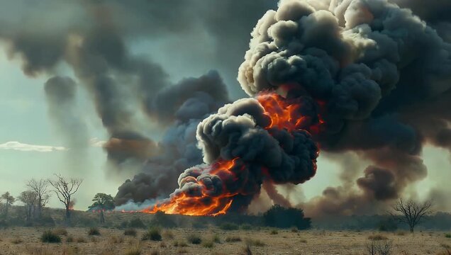 dramatic 4K stock video captures a large intense fire burning visibly in the distance with thick massive clouds of billowing smoke rising dramatically into the sky above making it perfect for