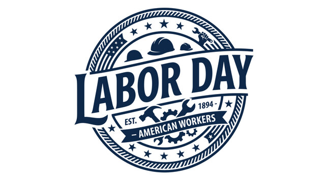 Labor day american workers commemorative badge with hard hats and tools, american