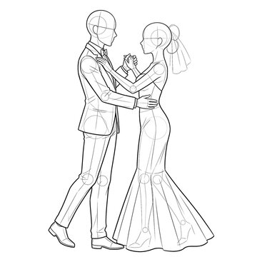 Hand drawn sketch of wedding couple base first dance profile view isolated on white. Technical line art.