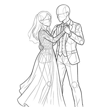 Hand drawn sketch of wedding couple base first dance 3/4 view isolated on white. Technical line art.