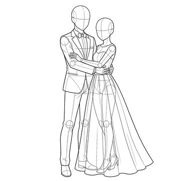 Hand drawn sketch of wedding couple base sway dance front view isolated on white. Technical line art.