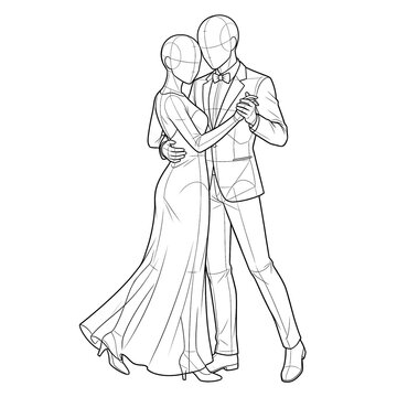 Hand drawn sketch of wedding couple base sway dance 3/4 view isolated on white. Technical line art.