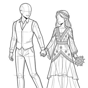 Hand drawn sketch of wedding couple base groom leading bride 3/4 view isolated. Technical line art.