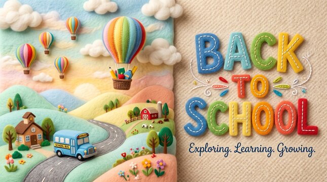 Colorful Back to School Illustration with School Bus and Hot Air parachutes 