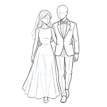 Hand drawn sketch of wedding couple base walking embracing waist 3/4 view isolated. Technical line art.