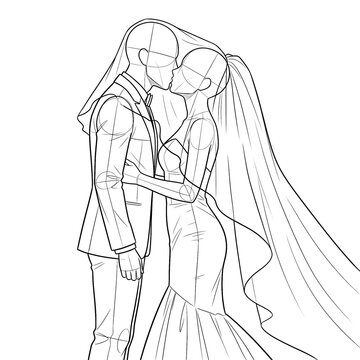 Hand drawn sketch of wedding couple base kissing under veil profile view isolated on white. Technical line art.
